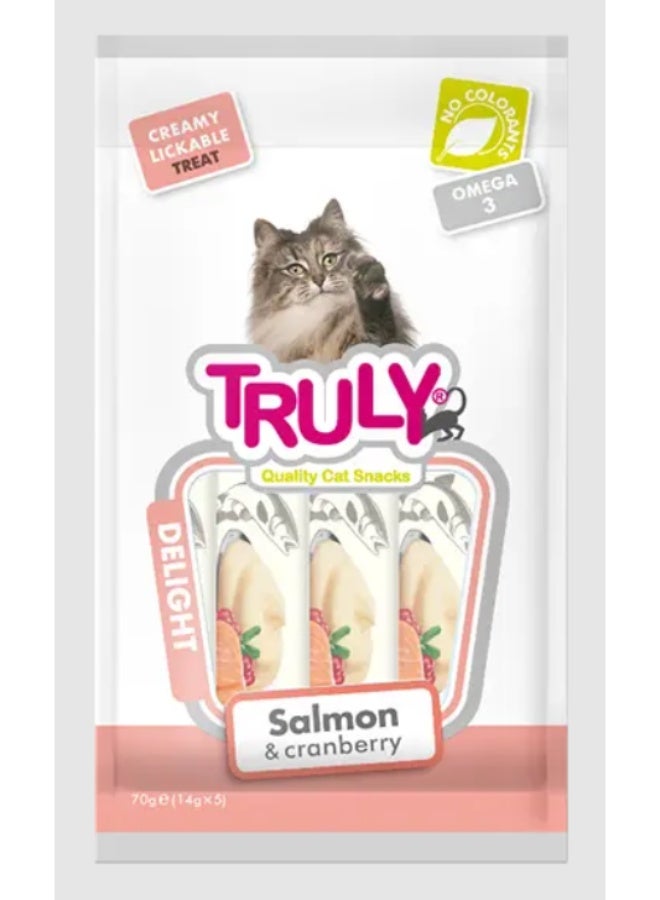 مكافآت كريمية للقطط قابلة للحس – نكهة السلمون والكرانبيري (التوت البري) – غنية بأوميجا 3 وبدون ملونات – 70 جم (5 أنابيب × 14 جم)